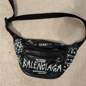 Balenciaga Black Leather Graffiti Belt Bag with White Print